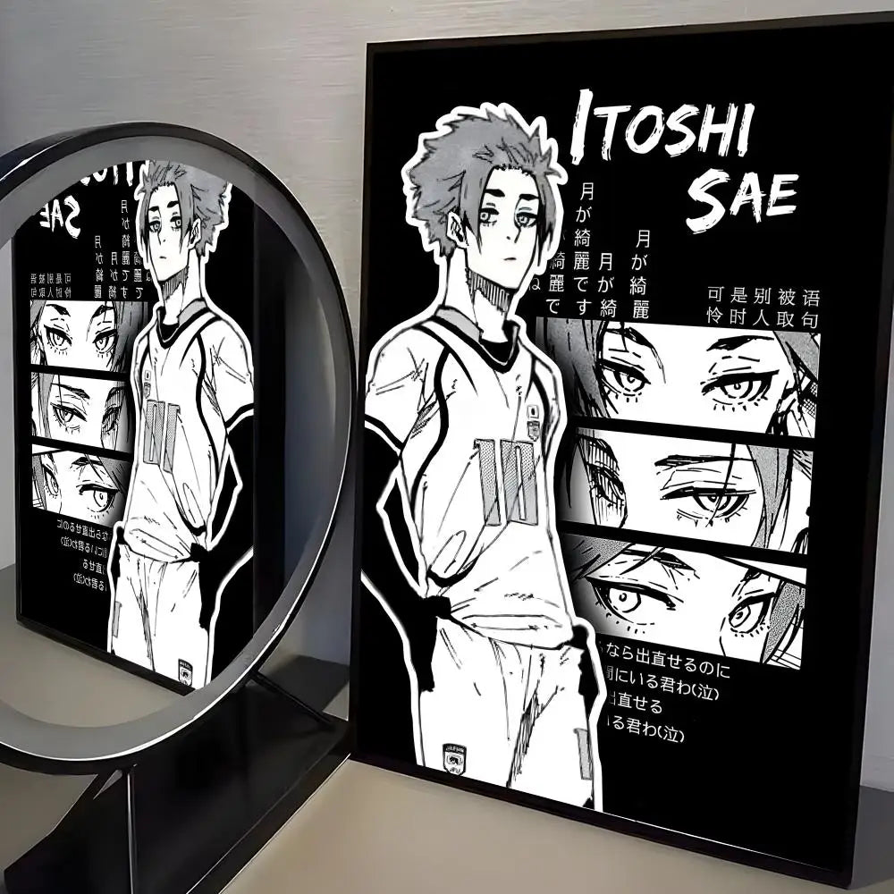 A canvas print featuring the character Itshi Sae from Blue Lock anime, rendered in black and white line art.