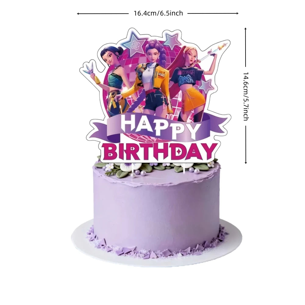 A purple birthday cake decorated with anime hunter girl toppers featuring three female characters.