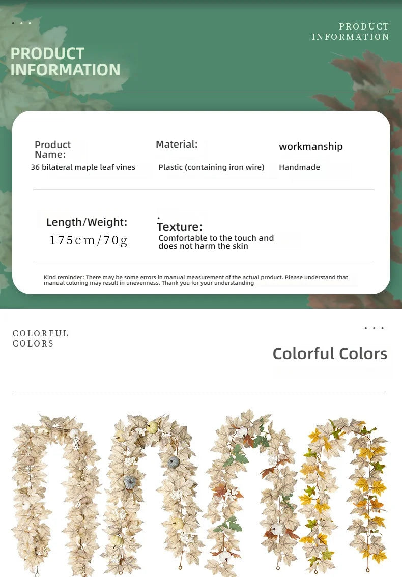 A display of artificial maple leaf garlands in various autumn colors and shades.