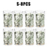 Eight transparent acrylic money saving jars filled with US dollar bills.