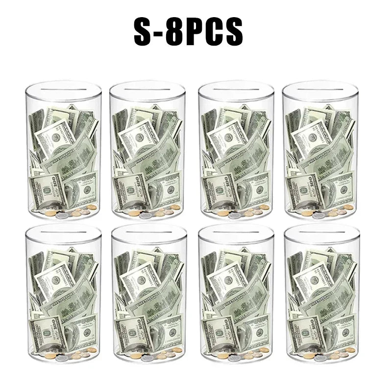 Eight transparent acrylic money saving jars filled with US dollar bills.