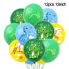Twelve green and blue dinosaur-themed balloons for a party decoration set.