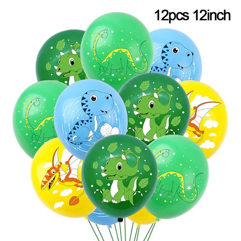 Twelve green and blue dinosaur-themed balloons for a party decoration set.