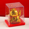 A golden solar-powered waving lucky cat figurine displayed inside a clear acrylic box on a red base.