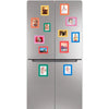 A refrigerator door featuring twelve magnetic photo frames displaying various portraits and scenes.