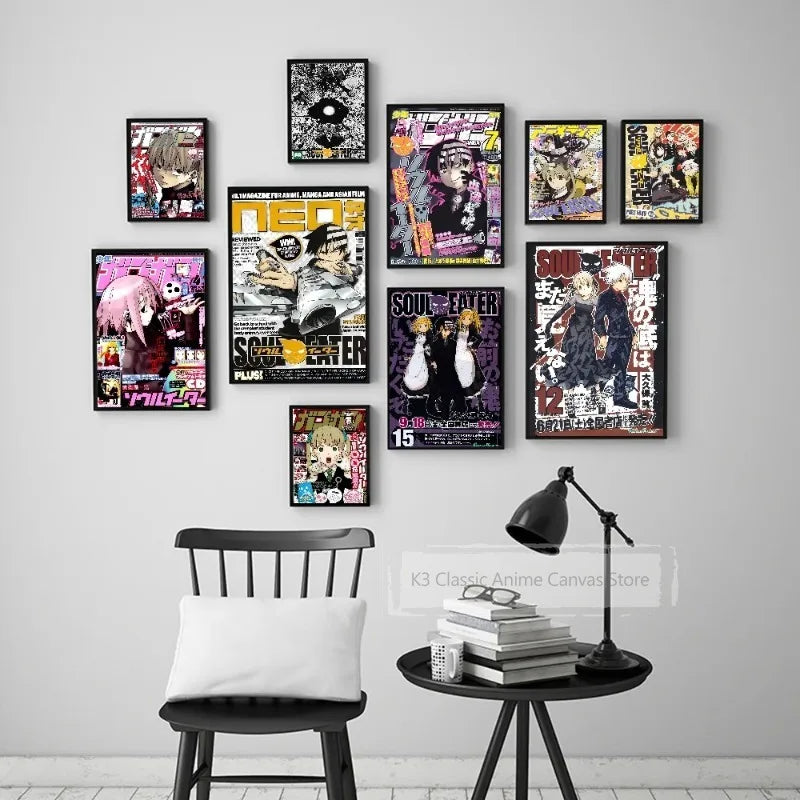 A collection of nine posters featuring characters and scenes from the Soul Eater anime displayed on a white wall.