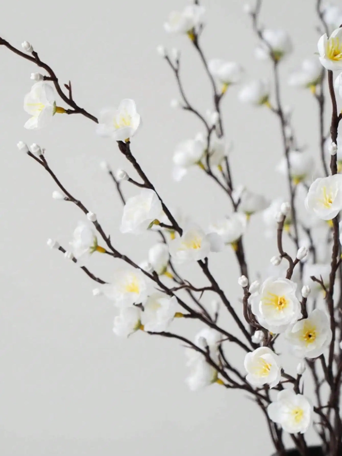 Ramificaciones de flores blancas de ciruelo artificial con pequeñas flores blancas en ramas oscuras