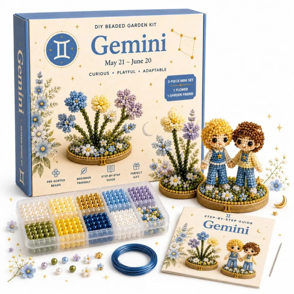 A box of Gemini DIY beaded garden kit showing various glass beads, a flower arrangement, and a guide book.