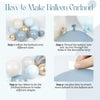 Instrucciones para hacer un guirnalda de globos usando globos inflados, cinta y puntos de pegamento.