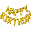 Golden foil letter balloons spelling out Happy Birthday for party decoration
