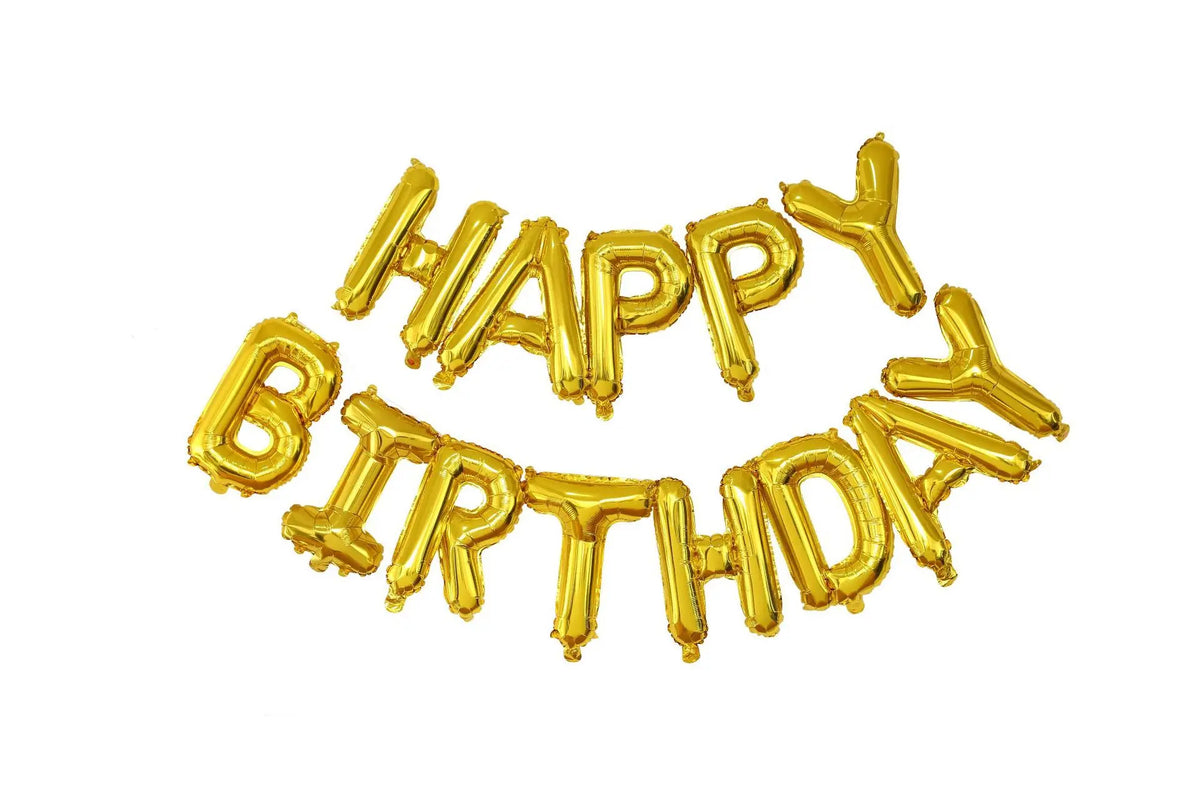 Golden foil letter balloons spelling out Happy Birthday for party decoration