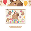 A birthday backdrop featuring cute capybara characters, balloons, and a cake design for a party.