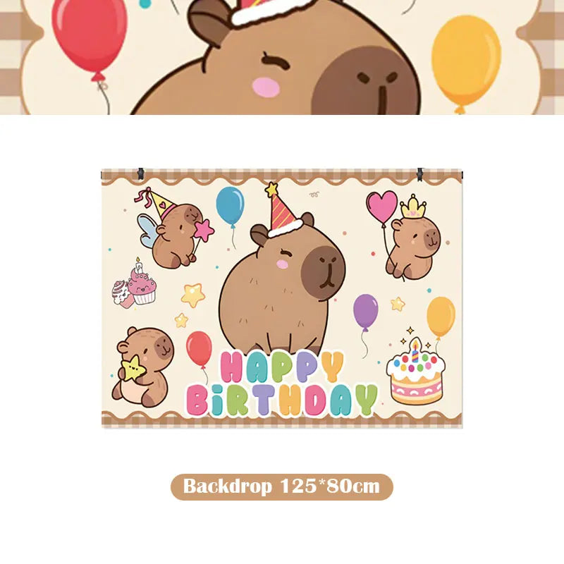 A birthday backdrop featuring cute capybara characters, balloons, and a cake design for a party.