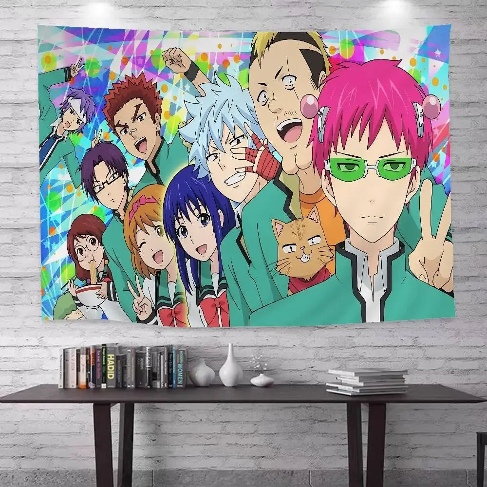 Anime tapestry wall hanging featuring characters from The Disastrous Life of Saiki K.