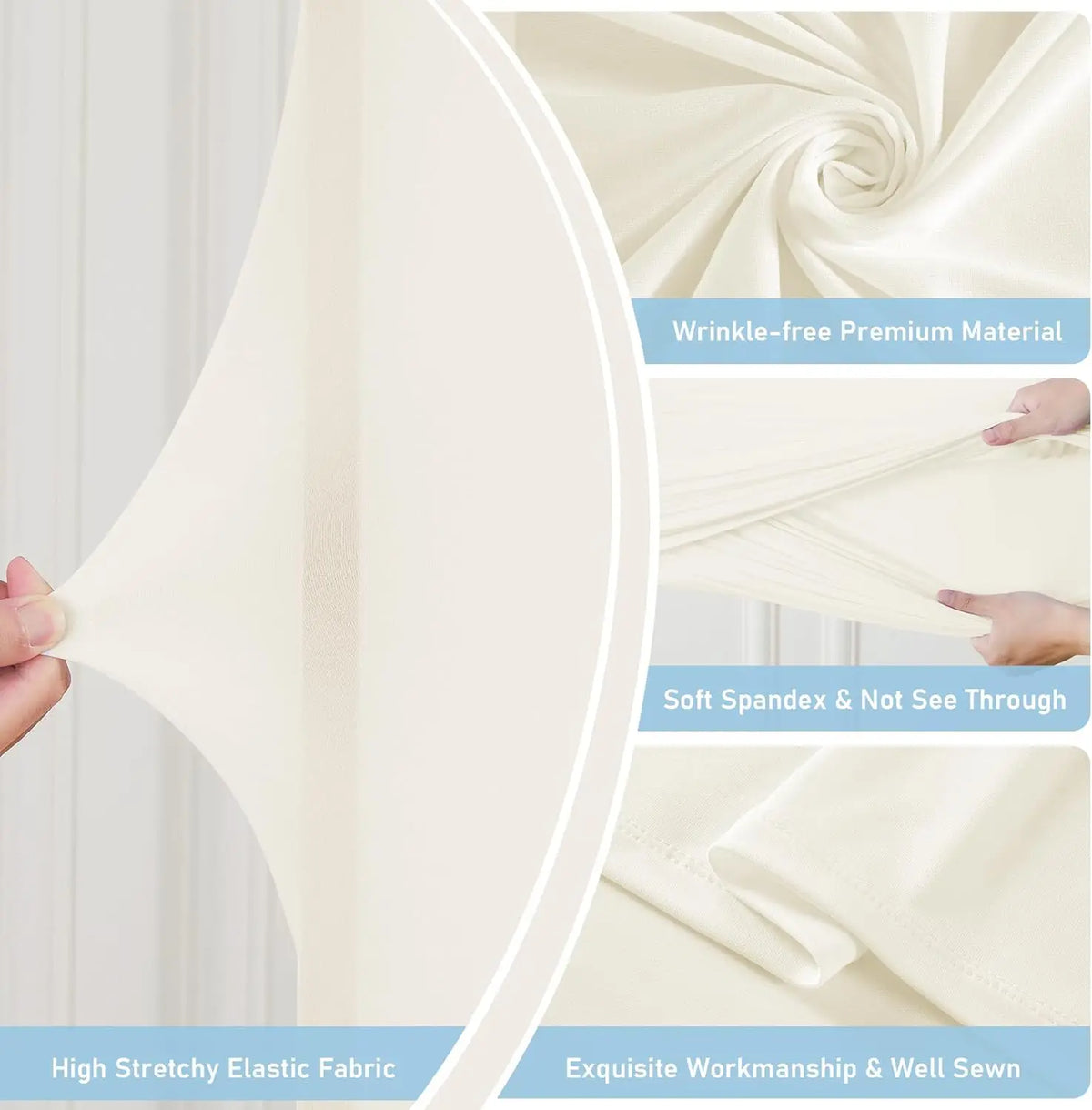 Primer plano de un material elástico crema que muestra textura sin arrugas y calidad suave de spandex.