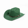 A dark green wool cowboy hat with a studded leather band.