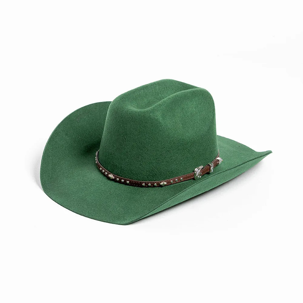 A dark green wool cowboy hat with a studded leather band.