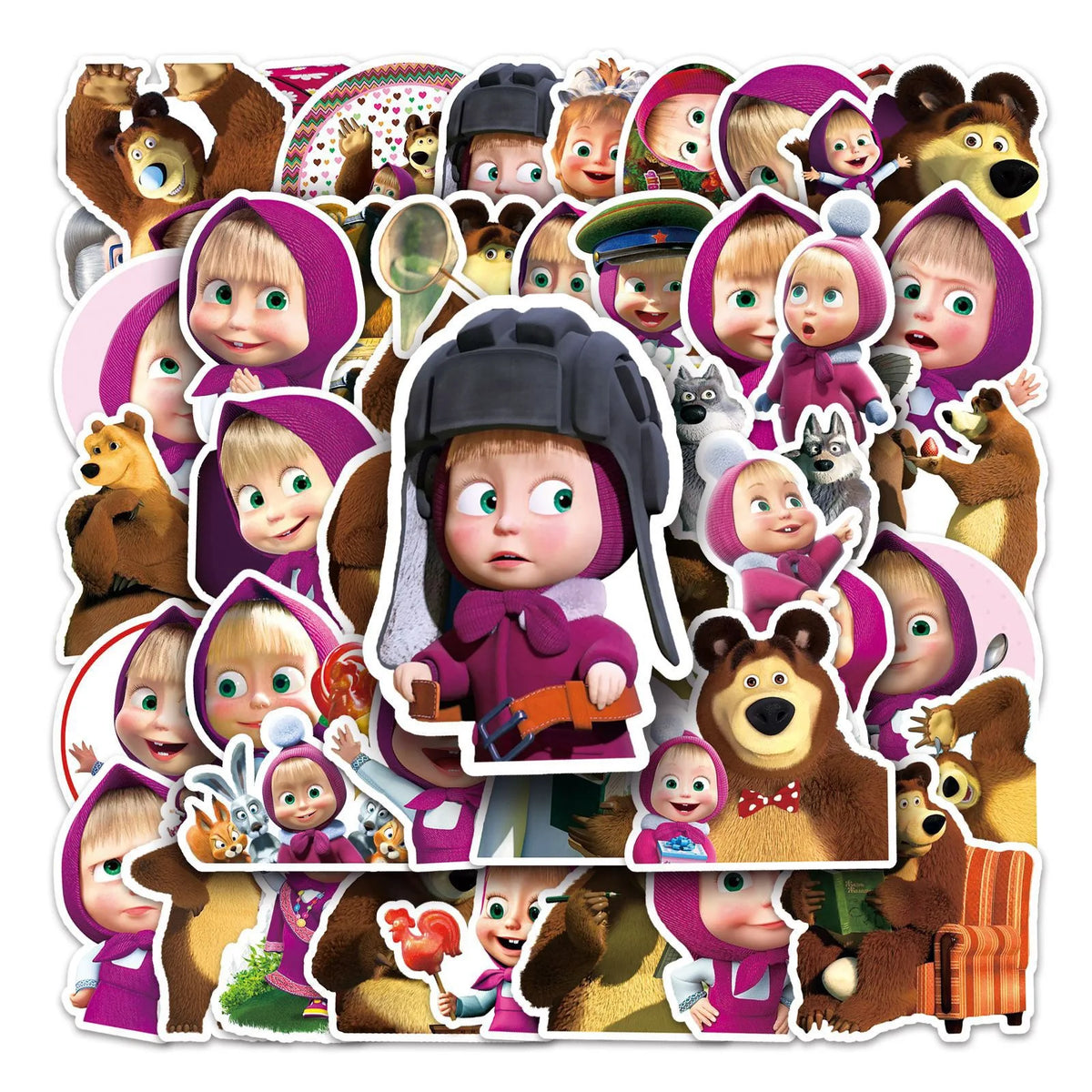 A collection of cartoon characters from Masha and Bear featured in a party decor set.