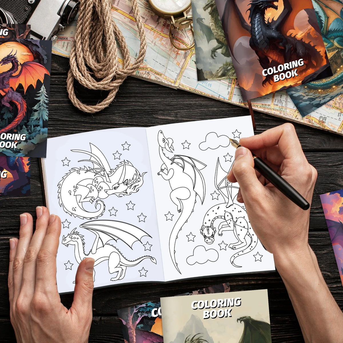 Mains colorant une illustration de dragon dans un cahier de coloriage pour enfants, entourée de fournitures artistiques et d'