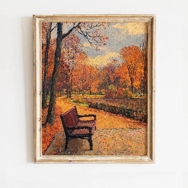 Oil painting of an autumn field landscape featuring trees and a wooden bench.