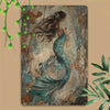 Vintage mermaid metal wall art sign featuring a woman with long flowing hair and a shimmering teal tail against an aged backg