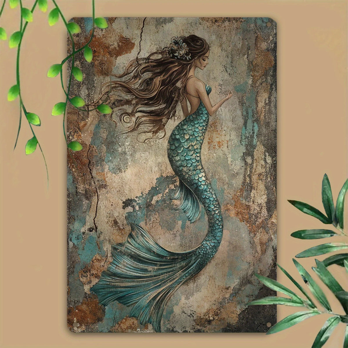 Vintage mermaid metal wall art sign featuring a woman with long flowing hair and a shimmering teal tail against an aged backg