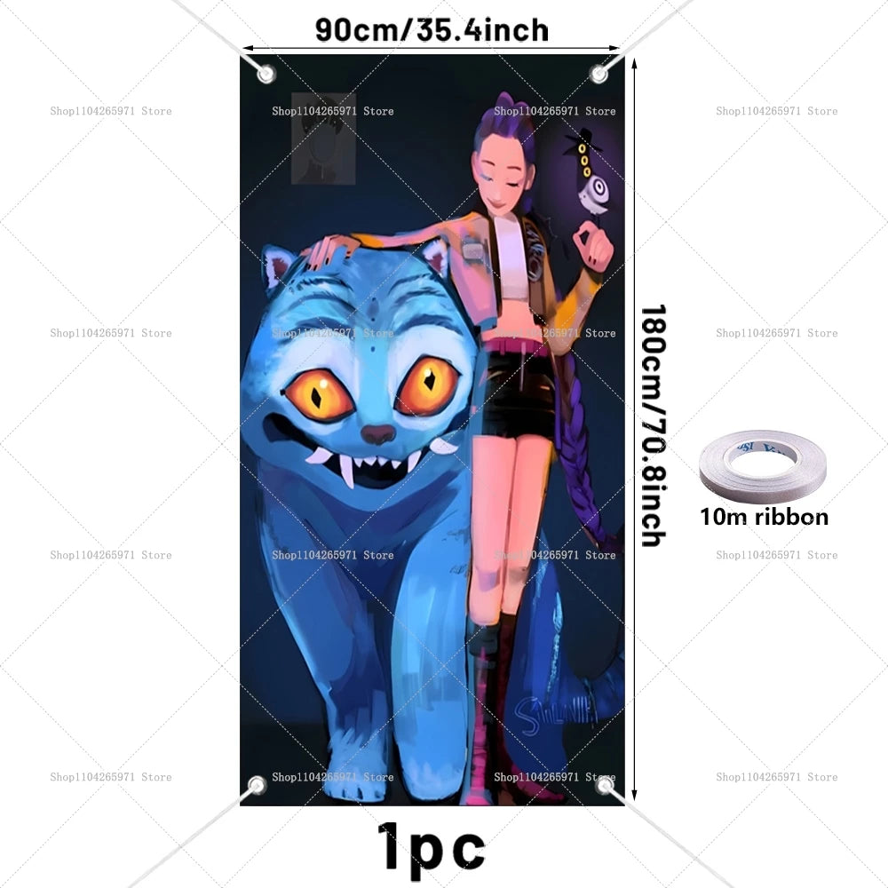 Anime demon hunters party backdrop featuring a female character and a blue cat-like creature