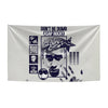A black and white flag tapestry featuring a portrait of Rocky with text that reads Don't Be Dumb ASAP Rocky.