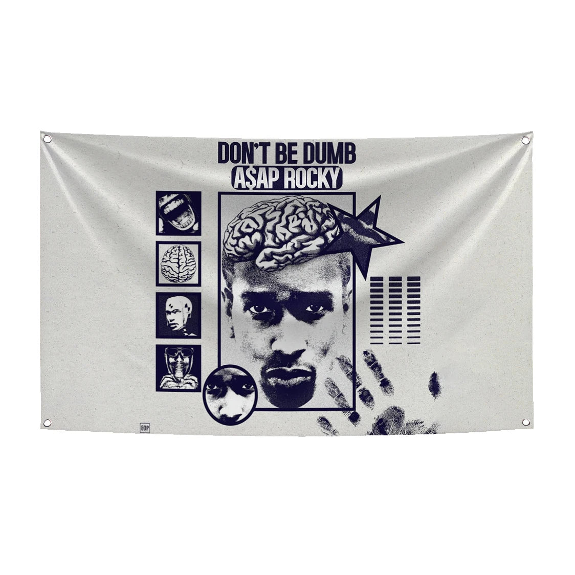 A black and white flag tapestry featuring a portrait of Rocky with text that reads Don't Be Dumb ASAP Rocky.