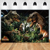 A dramatic backdrop featuring various dinosaurs in a jungle setting for a birthday party.
