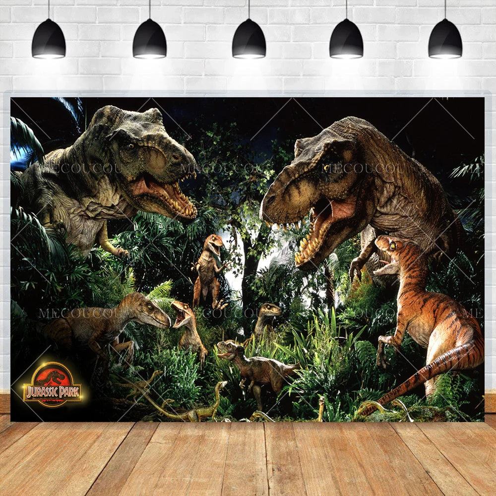 A dramatic backdrop featuring various dinosaurs in a jungle setting for a birthday party.