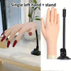 A single left hand with long nails is shown next to a black silicone stand for manicure training.