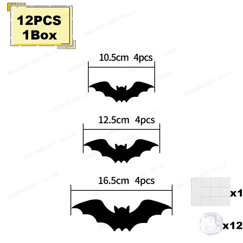 Juego de 12 piezas de murciélago y araña negra para luz nocturna decorativa de pared en caja