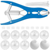 Blue pliers tool used to assemble or manipulate white filling beads for a DIY stress ball kit.