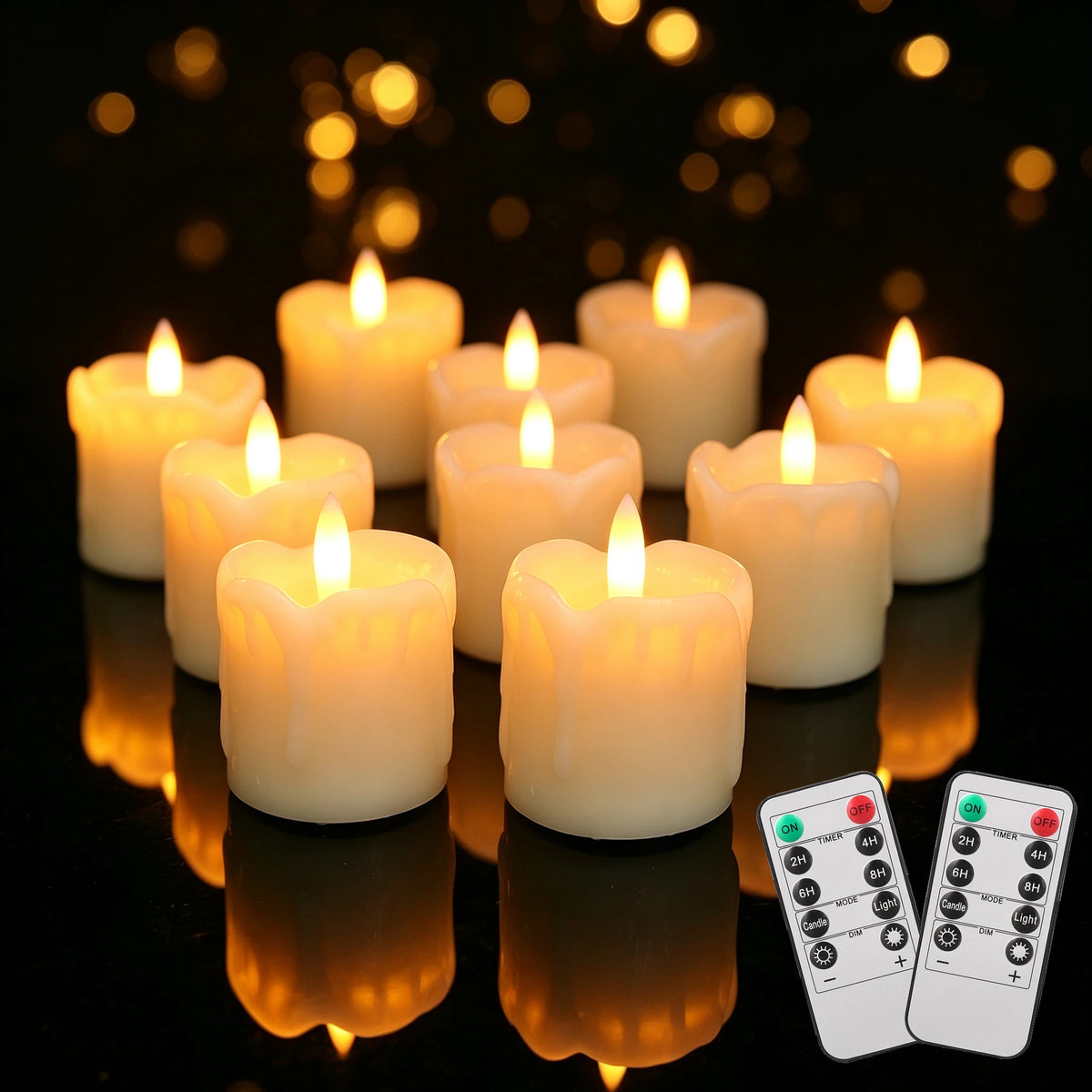 A collection of glowing white tea lights arranged on a dark surface with a remote control visible.