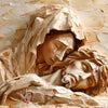 Sculpture en relief représentant une femme triste serrant un homme, rendue dans des tons terreux.