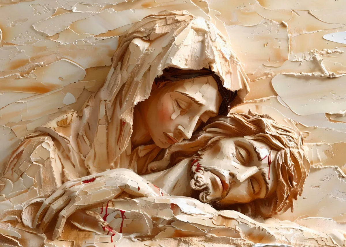 Sculpture en relief représentant une femme triste serrant un homme, rendue dans des tons terreux.