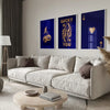 A modern living room features a light sofa and wooden table with a set of retro letter art canvases on the wall.