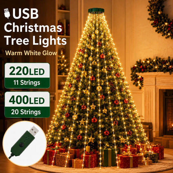 A Christmas tree decorated with warm white LED lights strung from the top, surrounded by wrapped gifts.
