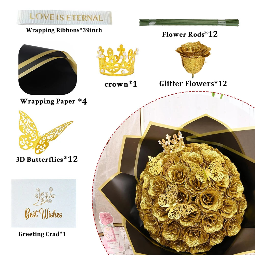 A golden artificial rose bouquet with glitter flowers and a crown, presented in a dark box.
