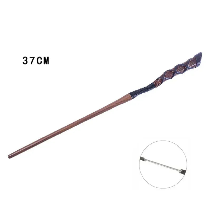 A long, dark brown metal magic wand with an intricately carved handle and a small inset detail.