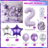 A collection of purple and silver balloons, including large number balloons, star-shaped balloons, and ribbons for themed eve
