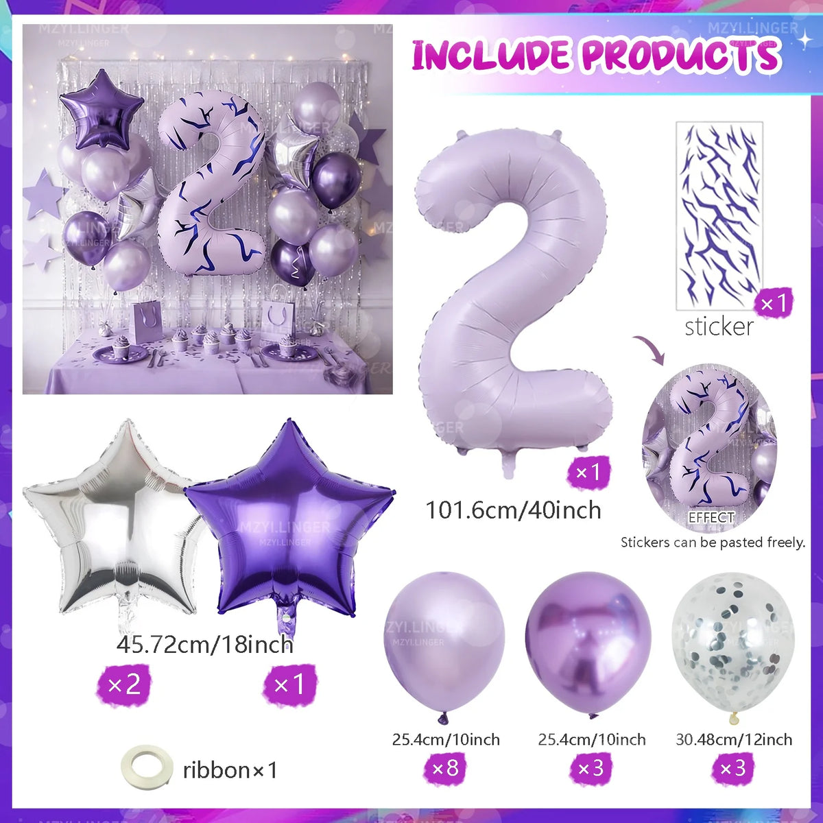 A collection of purple and silver balloons, including large number balloons, star-shaped balloons, and ribbons for themed eve