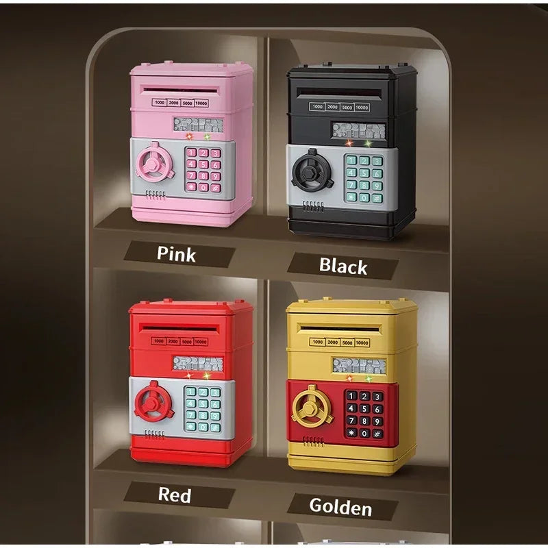 A display of four interactive roll-up piggy banks in pink, black, red, and golden colors.