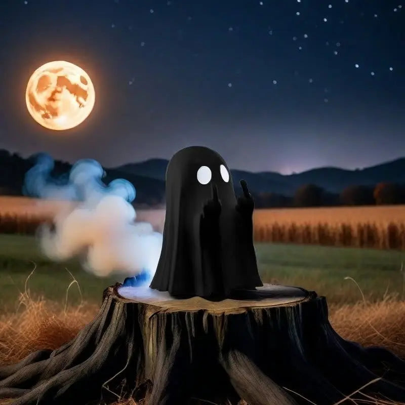 A black ghost figurine with glowing eyes sits on a tree stump under a bright moonlit night sky.