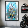 Anime-style poster of Sonic the Hedgehog in a dynamic pose with blue and gray splash effects.