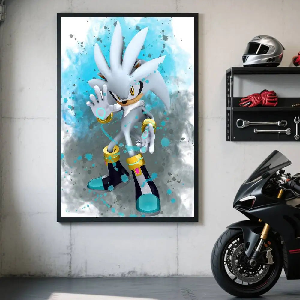 Anime-style poster of Sonic the Hedgehog in a dynamic pose with blue and gray splash effects.