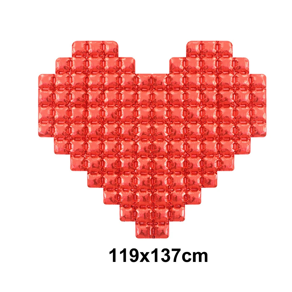 A heart-shaped balloon made of red foil letter balloons.