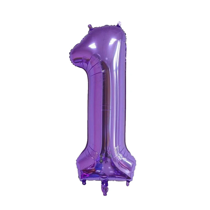 A purple foil number balloon shaped like the number one.
