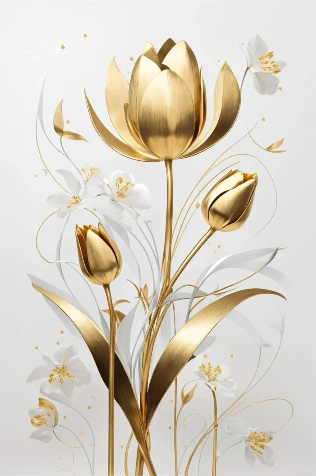 Diseño floral de papel de oro con tulipanes y flores blancas sobre fondo transparente